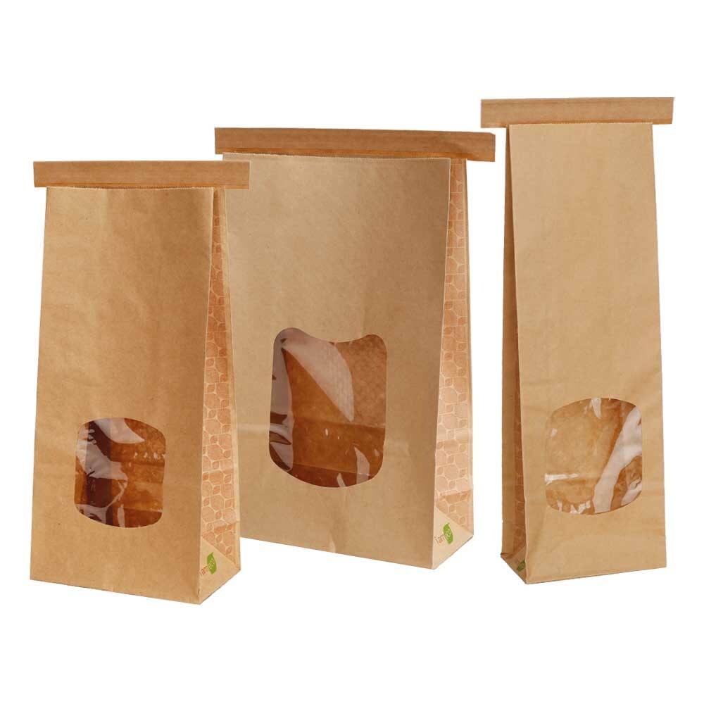 Bio Blockbodenbeutel braun PLA beschichtet mit Fenster und Clipband