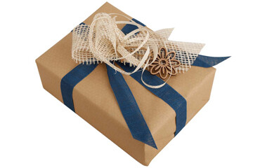 braunes Geschenk mit blauen Geschenkband umreift