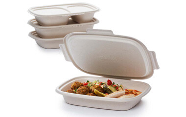 Papier Menübox mit einem Deckel, die mit Essen befüllt ist