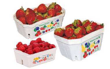 drei Beerenschalen, davon zwei mit Erdbeeren und eine mit Himbeeren gefüllt