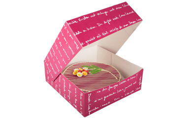 Eine pinke Kuchenbox mit einer Torte als Inhalt