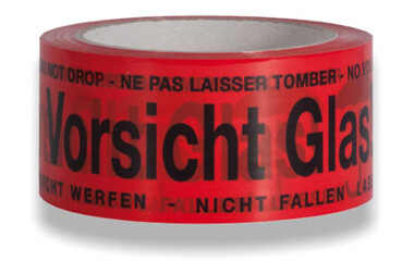 Eine Warndruck Rolle mit der Aufschrift Vorsicht Glas
