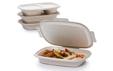 Mit Essen befüllte Menübox mit Papierdeckel