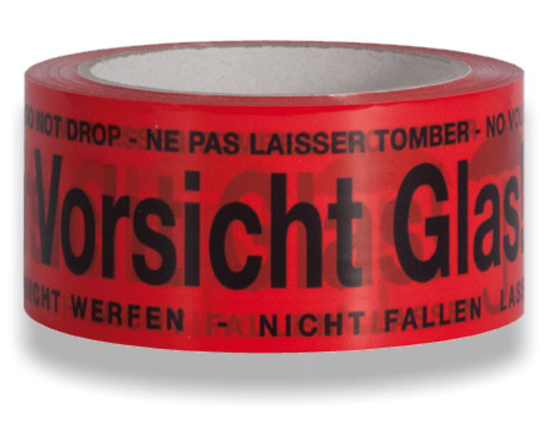 Eine Warndruckrolle mit der Aufschrift Vorsicht Glas